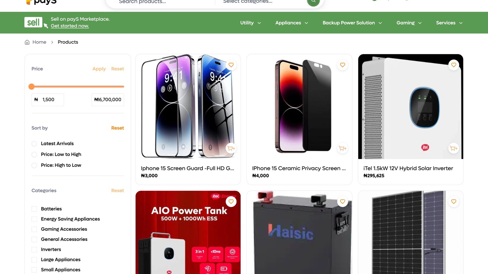 The PayS Store product listing page.