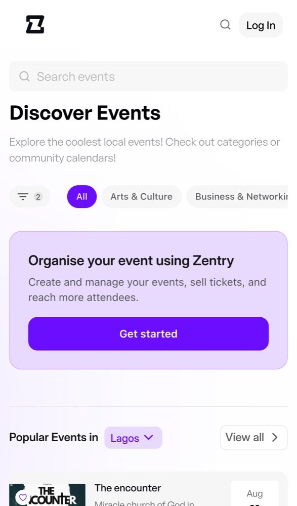 The Zentry event discovery screen on a phone.